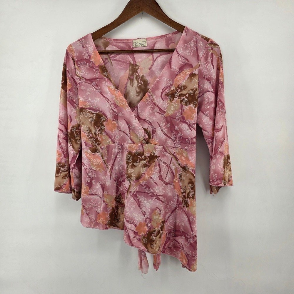 La Khaki Pink Floral Asymmetric Wrap Top 3/4 Sleeve Size L